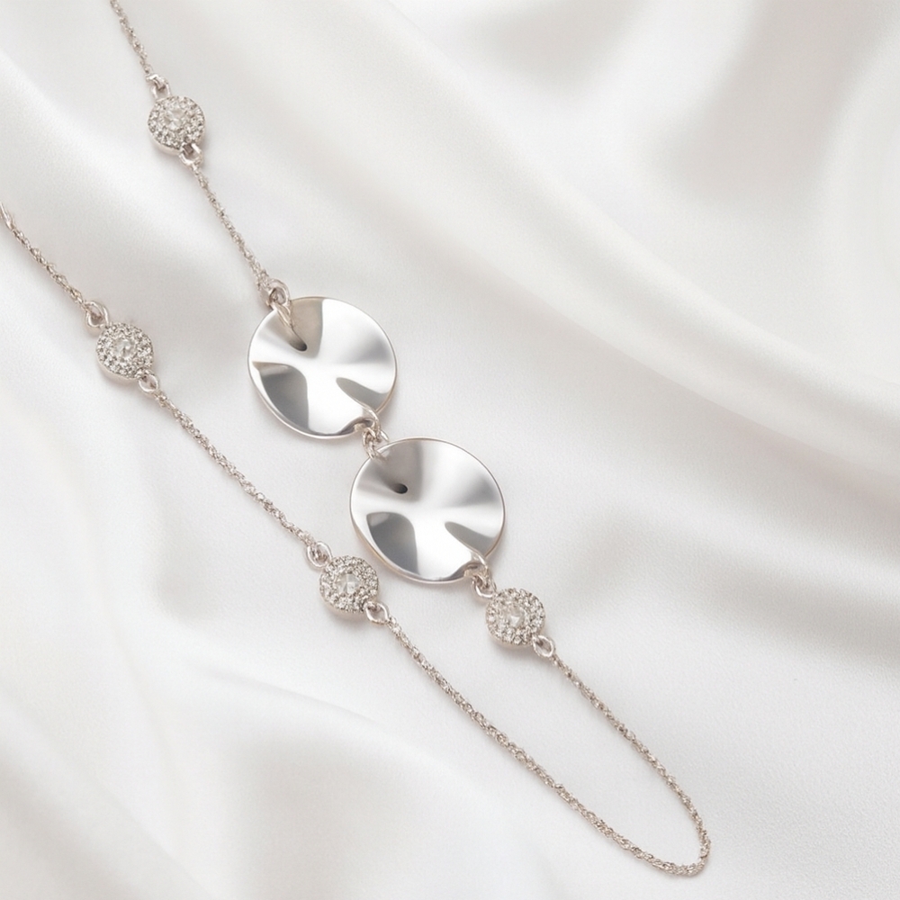 Chic Polished Silver Rhinestone Disc Necklace – Long 38” Women’s Fashion Jewelry